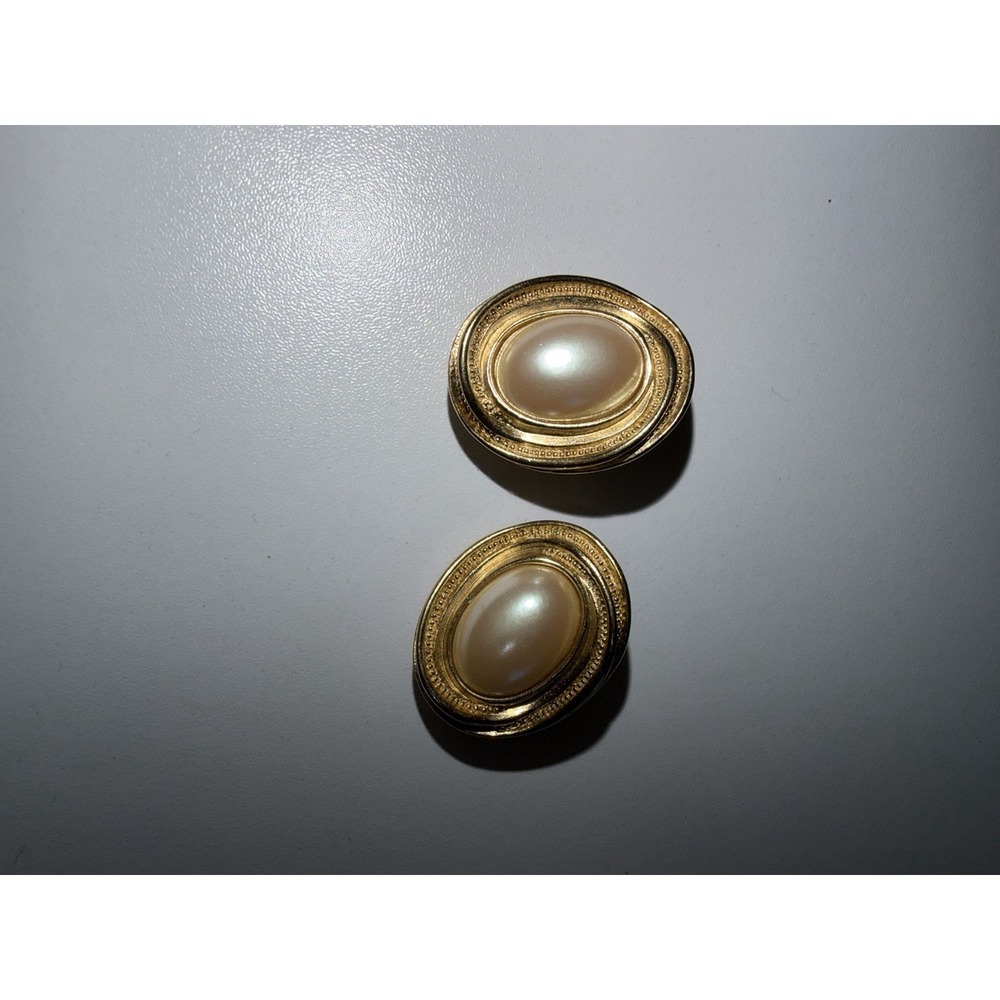 Vintage Richelieu Signed Faux Pearl Button Chunky Clipback Earrings